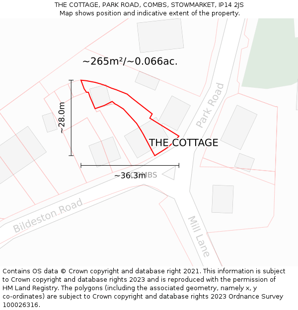 THE COTTAGE, PARK ROAD, COMBS, STOWMARKET, IP14 2JS: Plot and title map