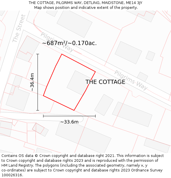 THE COTTAGE, PILGRIMS WAY, DETLING, MAIDSTONE, ME14 3JY: Plot and title map