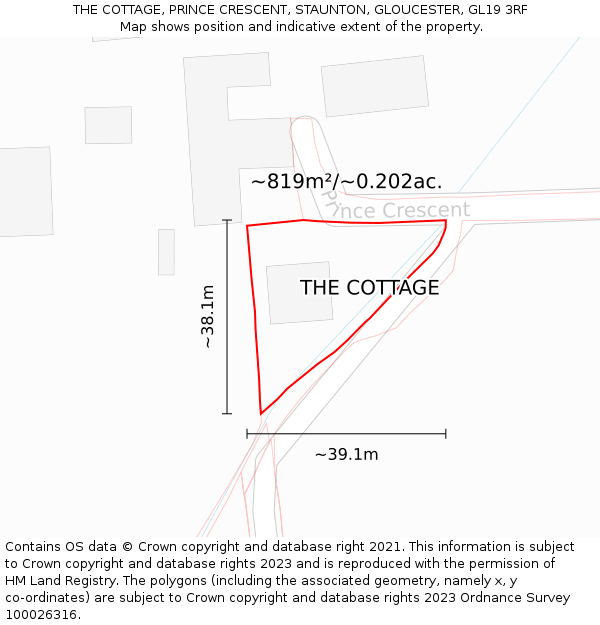 THE COTTAGE, PRINCE CRESCENT, STAUNTON, GLOUCESTER, GL19 3RF: Plot and title map