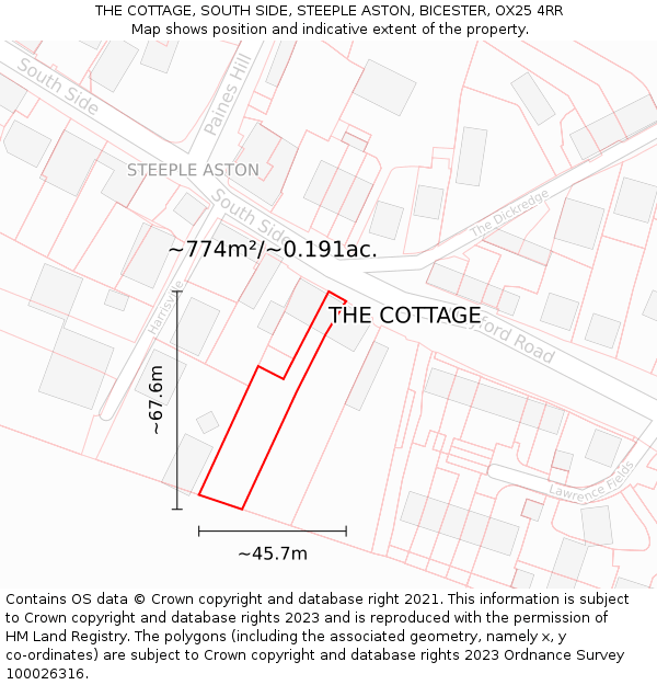 THE COTTAGE, SOUTH SIDE, STEEPLE ASTON, BICESTER, OX25 4RR: Plot and title map