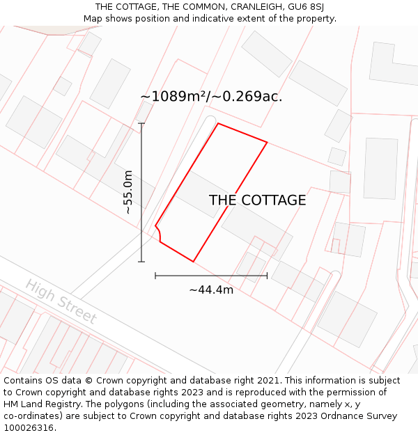 THE COTTAGE, THE COMMON, CRANLEIGH, GU6 8SJ: Plot and title map