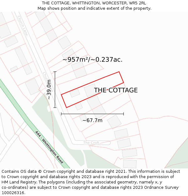 THE COTTAGE, WHITTINGTON, WORCESTER, WR5 2RL: Plot and title map