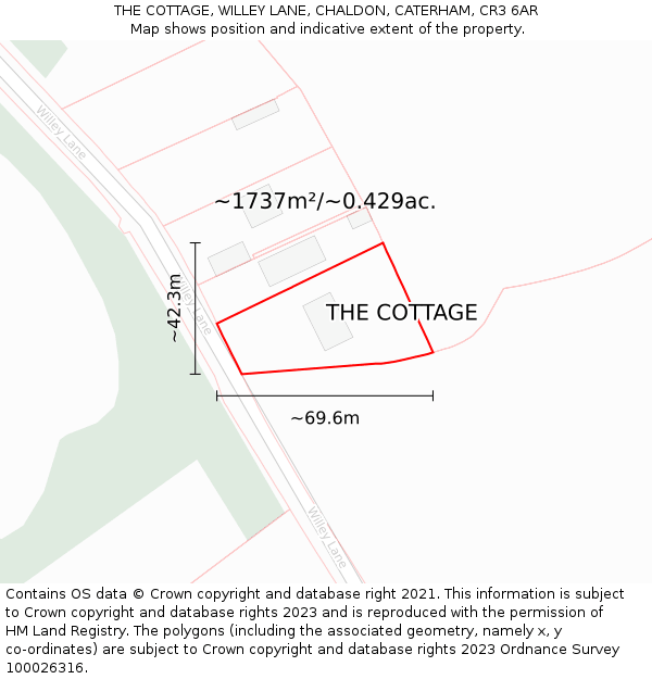 THE COTTAGE, WILLEY LANE, CHALDON, CATERHAM, CR3 6AR: Plot and title map