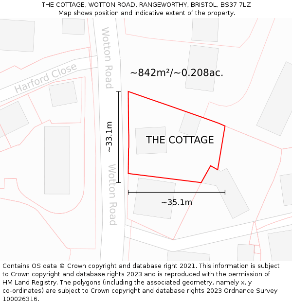THE COTTAGE, WOTTON ROAD, RANGEWORTHY, BRISTOL, BS37 7LZ: Plot and title map