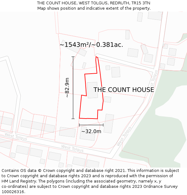 THE COUNT HOUSE, WEST TOLGUS, REDRUTH, TR15 3TN: Plot and title map