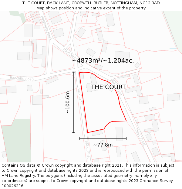 THE COURT, BACK LANE, CROPWELL BUTLER, NOTTINGHAM, NG12 3AD: Plot and title map