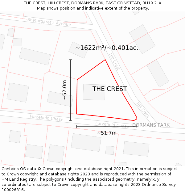THE CREST, HILLCREST, DORMANS PARK, EAST GRINSTEAD, RH19 2LX: Plot and title map