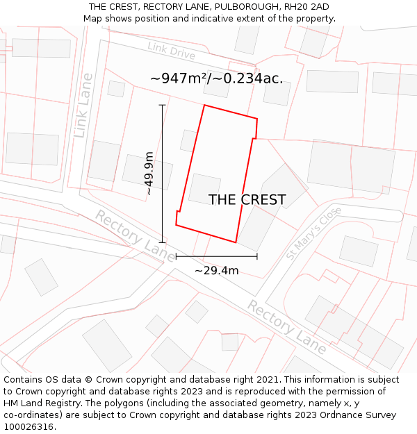 THE CREST, RECTORY LANE, PULBOROUGH, RH20 2AD: Plot and title map