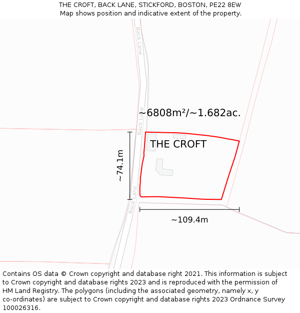 THE CROFT, BACK LANE, STICKFORD, BOSTON, PE22 8EW: Plot and title map