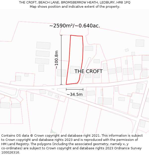 THE CROFT, BEACH LANE, BROMSBERROW HEATH, LEDBURY, HR8 1PQ: Plot and title map