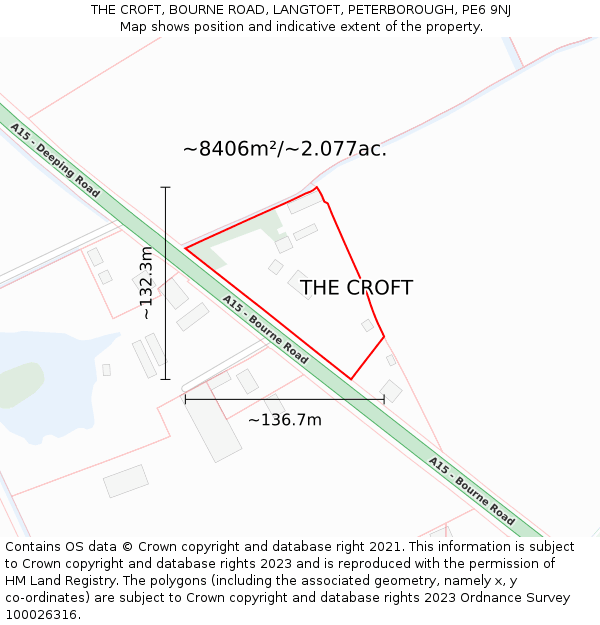THE CROFT, BOURNE ROAD, LANGTOFT, PETERBOROUGH, PE6 9NJ: Plot and title map