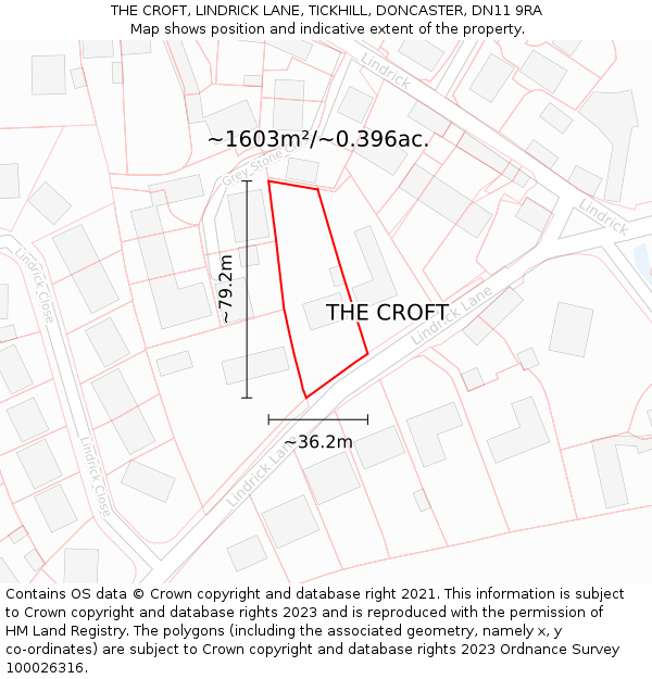 THE CROFT, LINDRICK LANE, TICKHILL, DONCASTER, DN11 9RA: Plot and title map