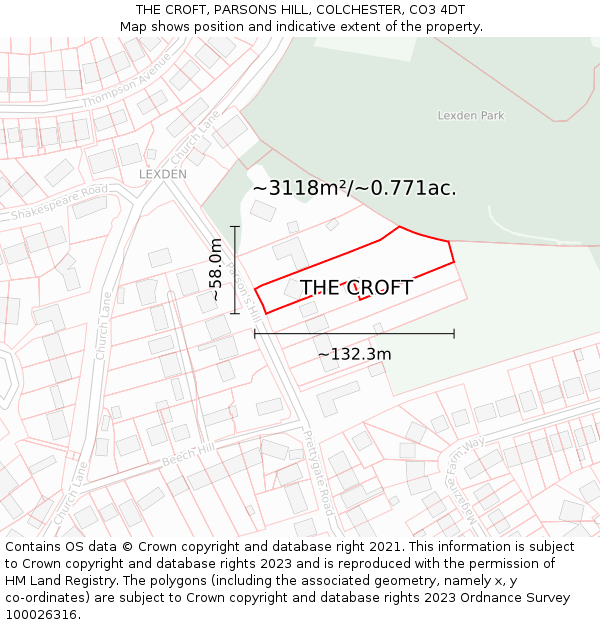 THE CROFT, PARSONS HILL, COLCHESTER, CO3 4DT: Plot and title map