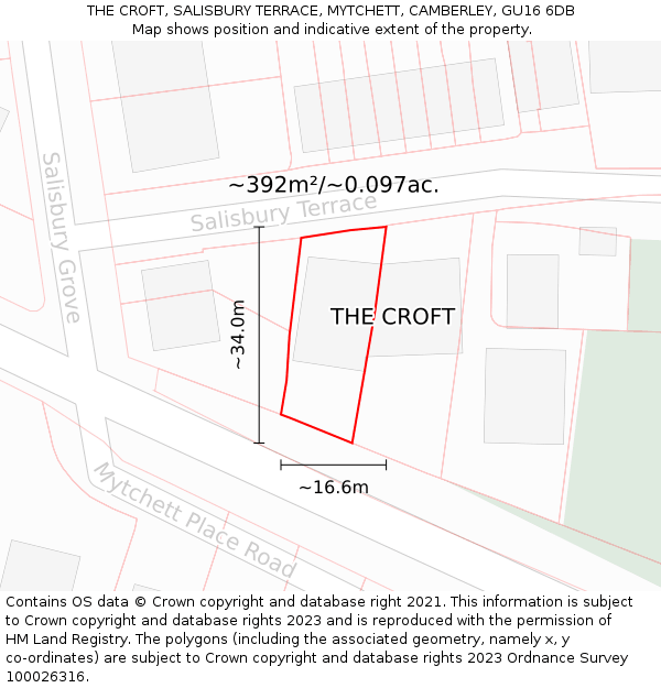 THE CROFT, SALISBURY TERRACE, MYTCHETT, CAMBERLEY, GU16 6DB: Plot and title map