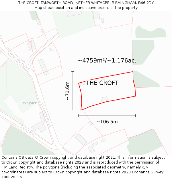 THE CROFT, TAMWORTH ROAD, NETHER WHITACRE, BIRMINGHAM, B46 2DY: Plot and title map