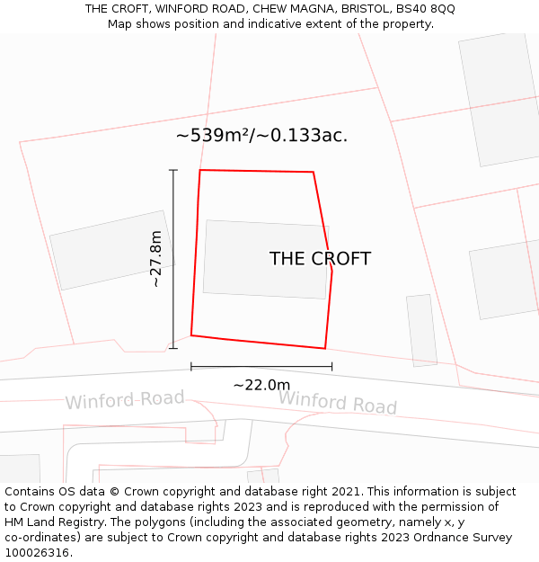 THE CROFT, WINFORD ROAD, CHEW MAGNA, BRISTOL, BS40 8QQ: Plot and title map