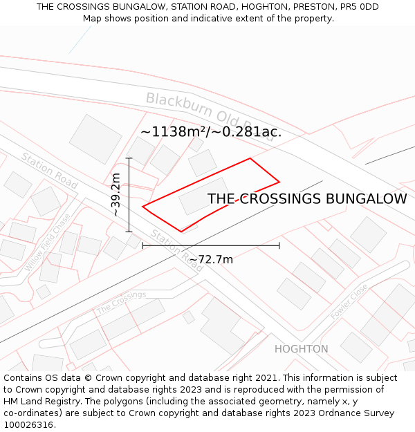 THE CROSSINGS BUNGALOW, STATION ROAD, HOGHTON, PRESTON, PR5 0DD: Plot and title map