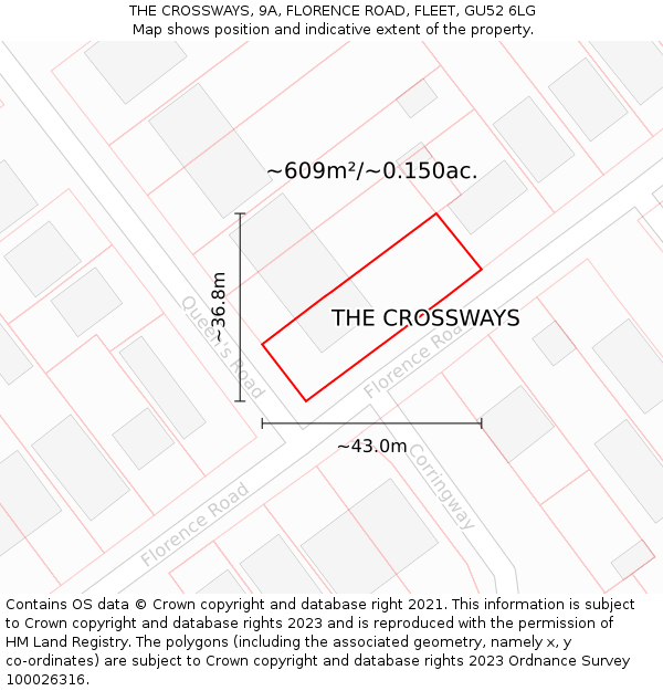 THE CROSSWAYS, 9A, FLORENCE ROAD, FLEET, GU52 6LG: Plot and title map