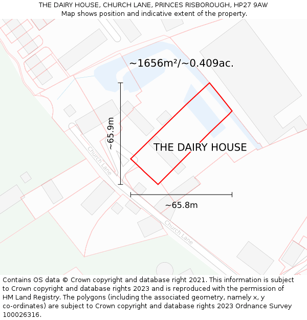 THE DAIRY HOUSE, CHURCH LANE, PRINCES RISBOROUGH, HP27 9AW: Plot and title map
