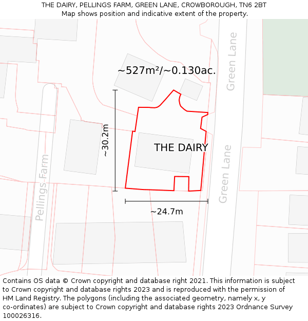 THE DAIRY, PELLINGS FARM, GREEN LANE, CROWBOROUGH, TN6 2BT: Plot and title map