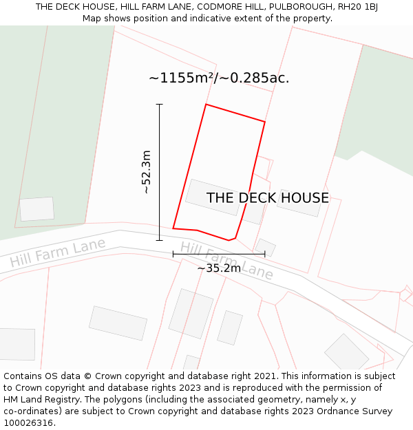THE DECK HOUSE, HILL FARM LANE, CODMORE HILL, PULBOROUGH, RH20 1BJ: Plot and title map