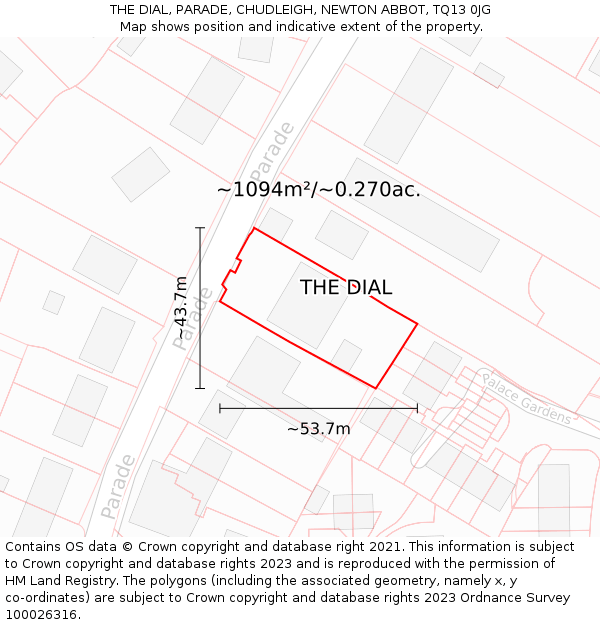 THE DIAL, PARADE, CHUDLEIGH, NEWTON ABBOT, TQ13 0JG: Plot and title map