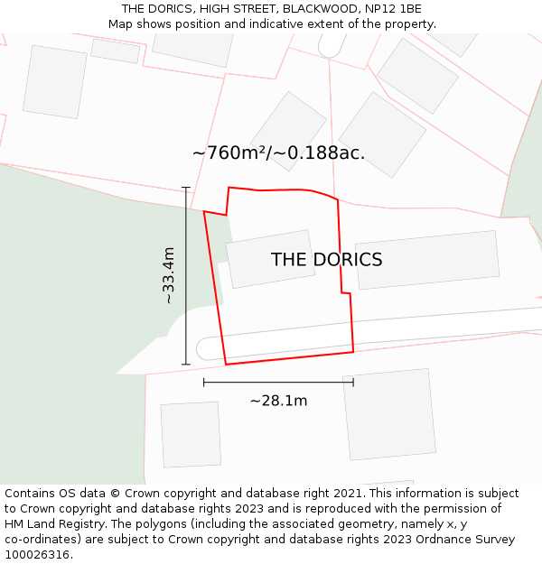 THE DORICS, HIGH STREET, BLACKWOOD, NP12 1BE: Plot and title map