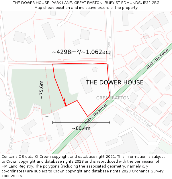 THE DOWER HOUSE, PARK LANE, GREAT BARTON, BURY ST EDMUNDS, IP31 2RG: Plot and title map