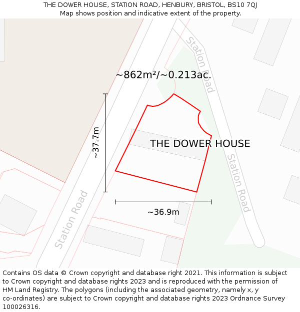 THE DOWER HOUSE, STATION ROAD, HENBURY, BRISTOL, BS10 7QJ: Plot and title map