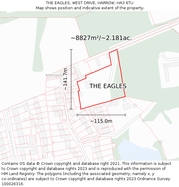 THE EAGLES, WEST DRIVE, HARROW, HA3 6TU: Plot and title map