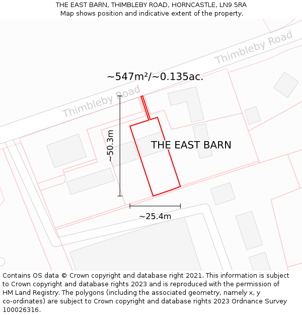 THE EAST BARN, THIMBLEBY ROAD, HORNCASTLE, LN9 5RA: Plot and title map