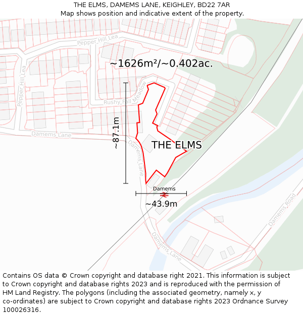 THE ELMS, DAMEMS LANE, KEIGHLEY, BD22 7AR: Plot and title map