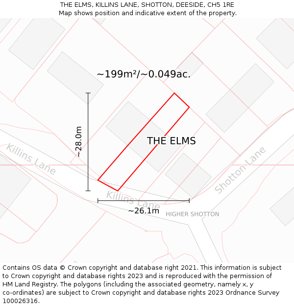THE ELMS, KILLINS LANE, SHOTTON, DEESIDE, CH5 1RE: Plot and title map