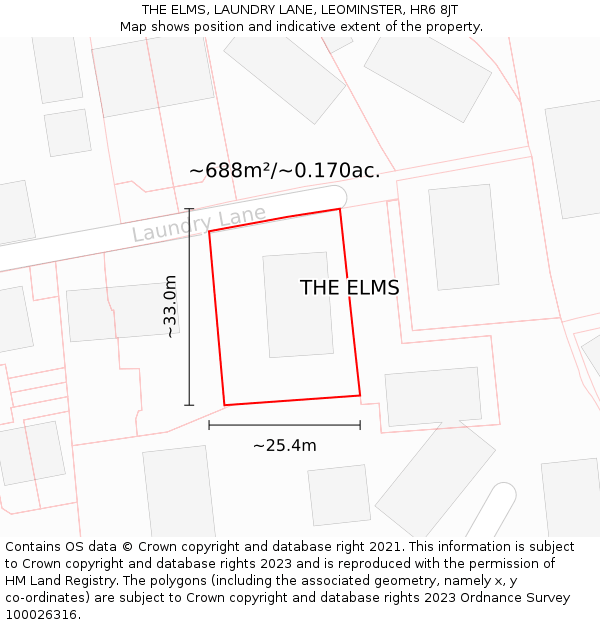 THE ELMS, LAUNDRY LANE, LEOMINSTER, HR6 8JT: Plot and title map