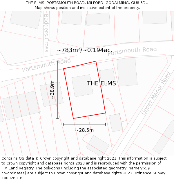 THE ELMS, PORTSMOUTH ROAD, MILFORD, GODALMING, GU8 5DU: Plot and title map
