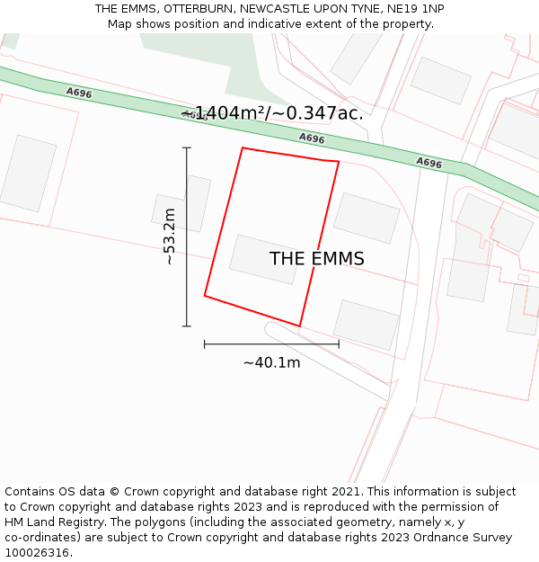 THE EMMS, OTTERBURN, NEWCASTLE UPON TYNE, NE19 1NP: Plot and title map
