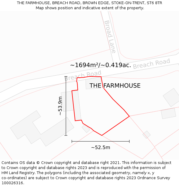THE FARMHOUSE, BREACH ROAD, BROWN EDGE, STOKE-ON-TRENT, ST6 8TR: Plot and title map