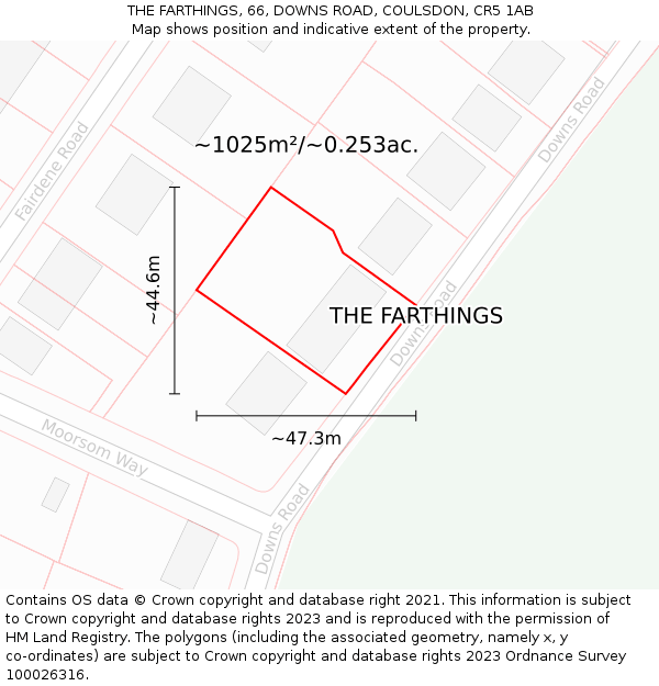 THE FARTHINGS, 66, DOWNS ROAD, COULSDON, CR5 1AB: Plot and title map