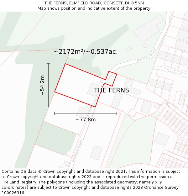 THE FERNS, ELMFIELD ROAD, CONSETT, DH8 5NN: Plot and title map
