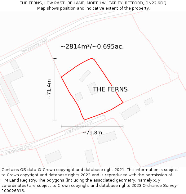 THE FERNS, LOW PASTURE LANE, NORTH WHEATLEY, RETFORD, DN22 9DQ: Plot and title map