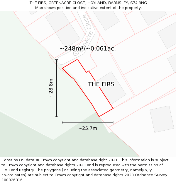 THE FIRS, GREENACRE CLOSE, HOYLAND, BARNSLEY, S74 9NG: Plot and title map