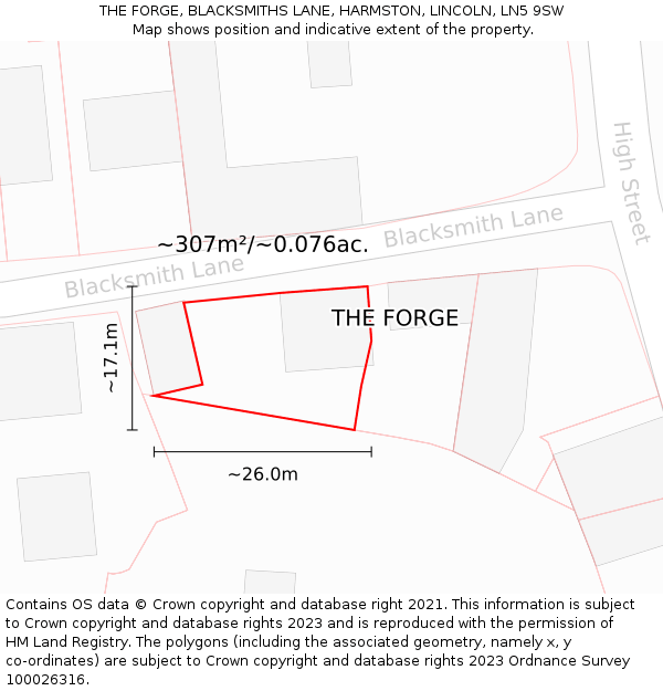 THE FORGE, BLACKSMITHS LANE, HARMSTON, LINCOLN, LN5 9SW: Plot and title map