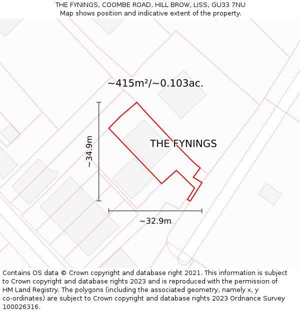 THE FYNINGS, COOMBE ROAD, HILL BROW, LISS, GU33 7NU: Plot and title map