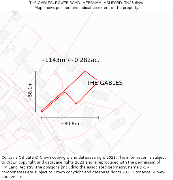 THE GABLES, BOWER ROAD, MERSHAM, ASHFORD, TN25 6NW: Plot and title map