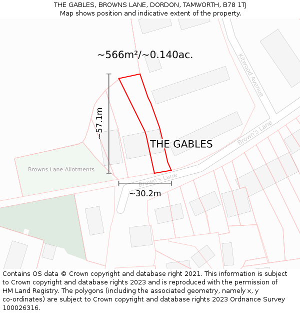 THE GABLES, BROWNS LANE, DORDON, TAMWORTH, B78 1TJ: Plot and title map