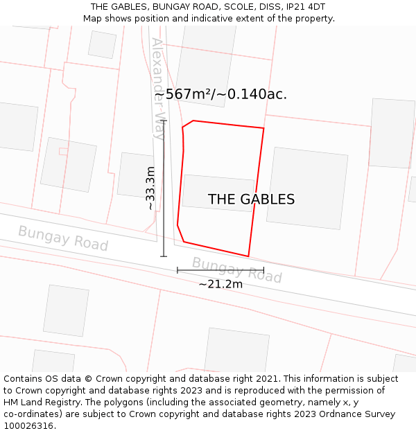 THE GABLES, BUNGAY ROAD, SCOLE, DISS, IP21 4DT: Plot and title map