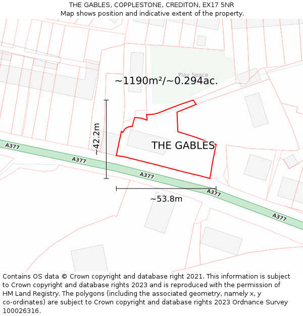 THE GABLES, COPPLESTONE, CREDITON, EX17 5NR: Plot and title map