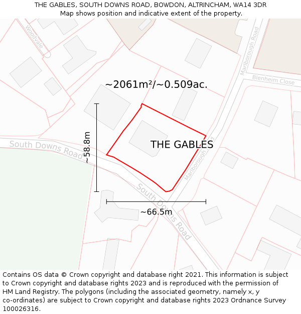 THE GABLES, SOUTH DOWNS ROAD, BOWDON, ALTRINCHAM, WA14 3DR: Plot and title map