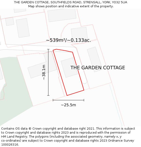 THE GARDEN COTTAGE, SOUTHFIELDS ROAD, STRENSALL, YORK, YO32 5UA: Plot and title map