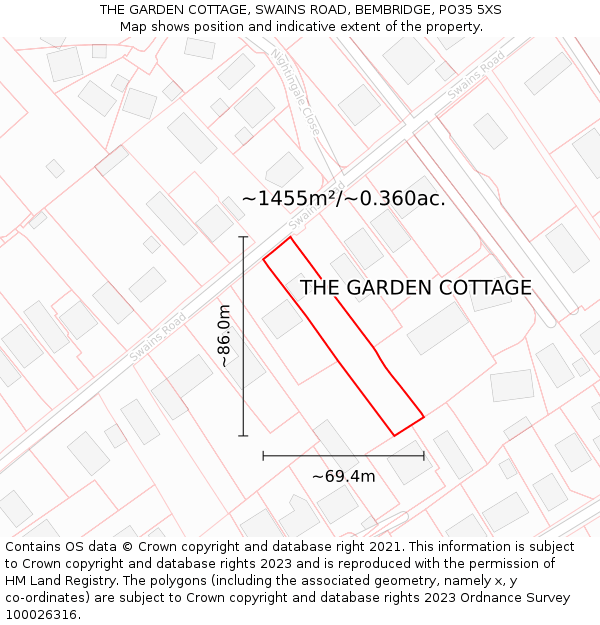 THE GARDEN COTTAGE, SWAINS ROAD, BEMBRIDGE, PO35 5XS: Plot and title map